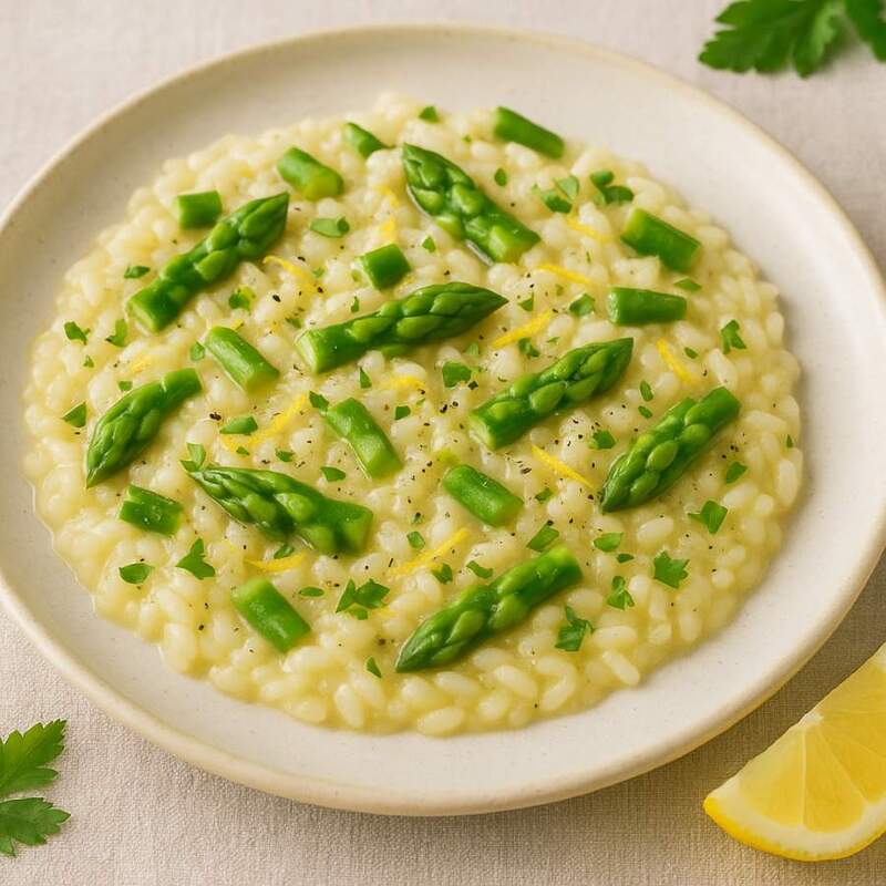 Spargel-Risotto mit gr&uuml;nem Spargel und Zitronenzeste