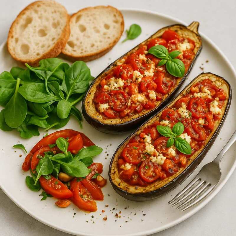 Gef&uuml;llte Auberginen mit Tomaten-Feta-Creme