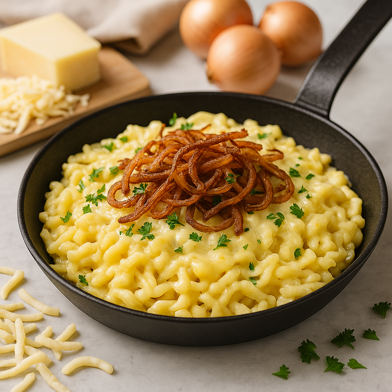 K&auml;sesp&auml;tzle mit R&ouml;stzwiebeln